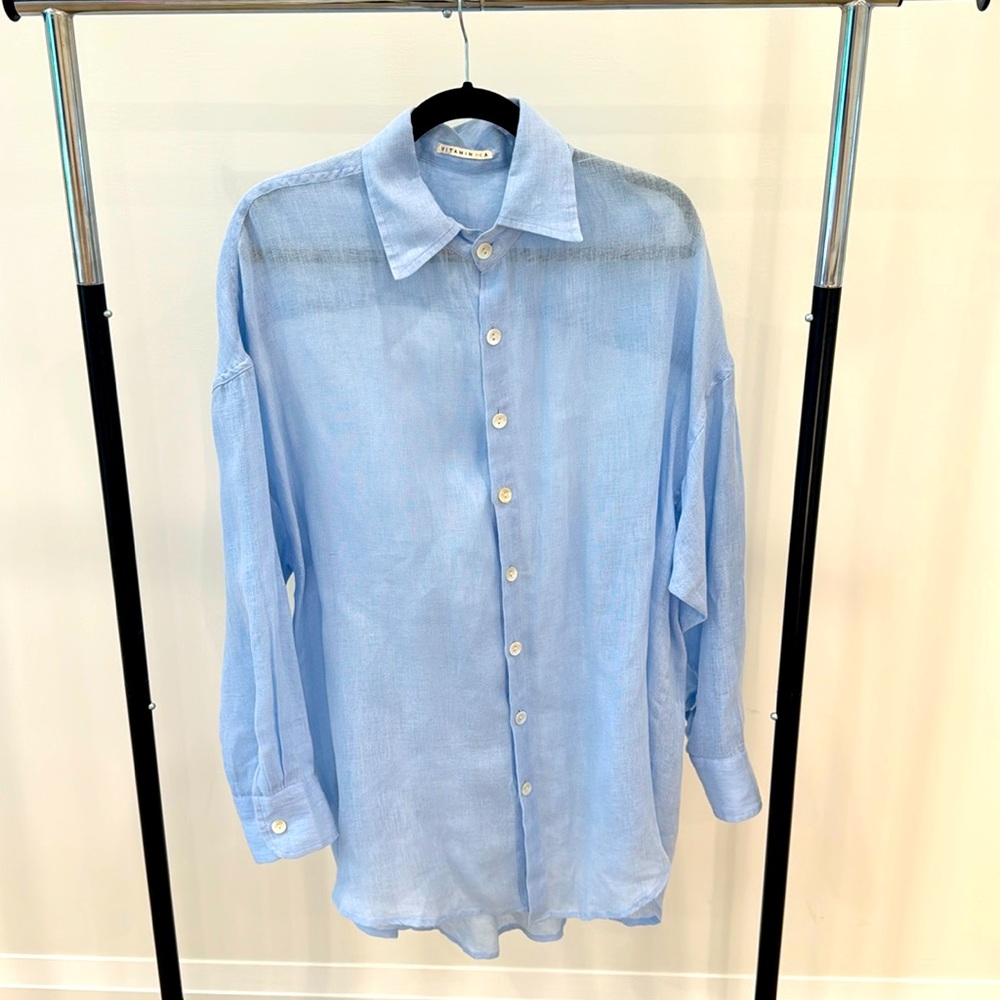 Vitamin A Playa Linen Coverup Shirt Dress- Light Blue - Medium